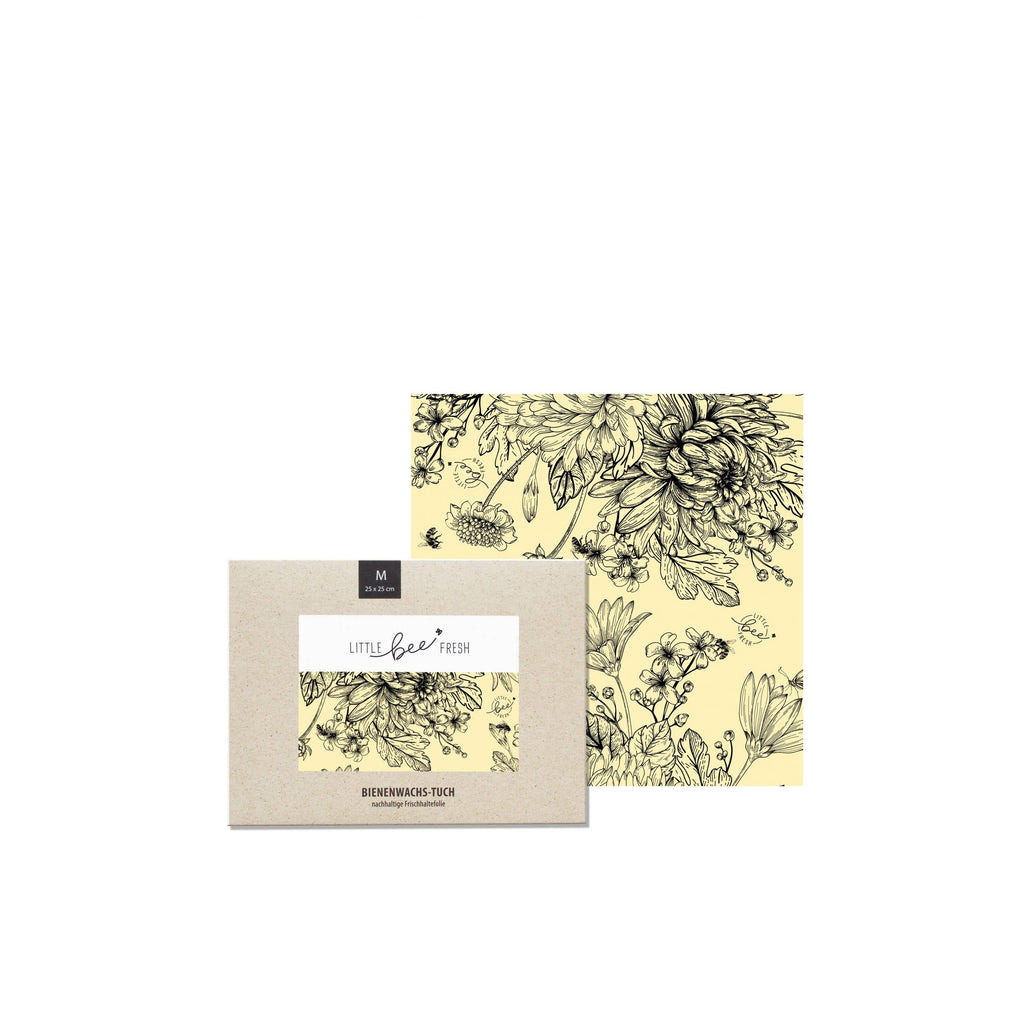 Tela de cera de abejas orgánica - flor prado negro-blanco «M»