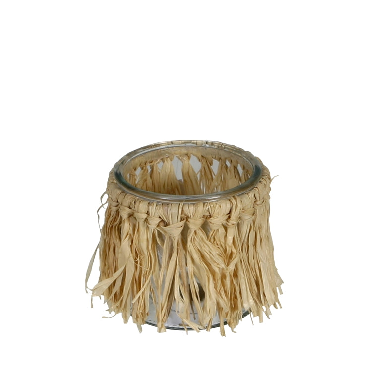 Portavela de rafia con vaso de cristal