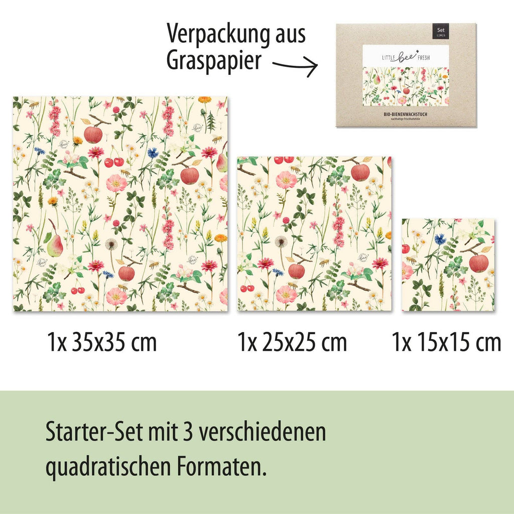 Set inicial de envoltorios de cera de abeja ecológicos ("L/M/S") - pradera de árboles frutales
