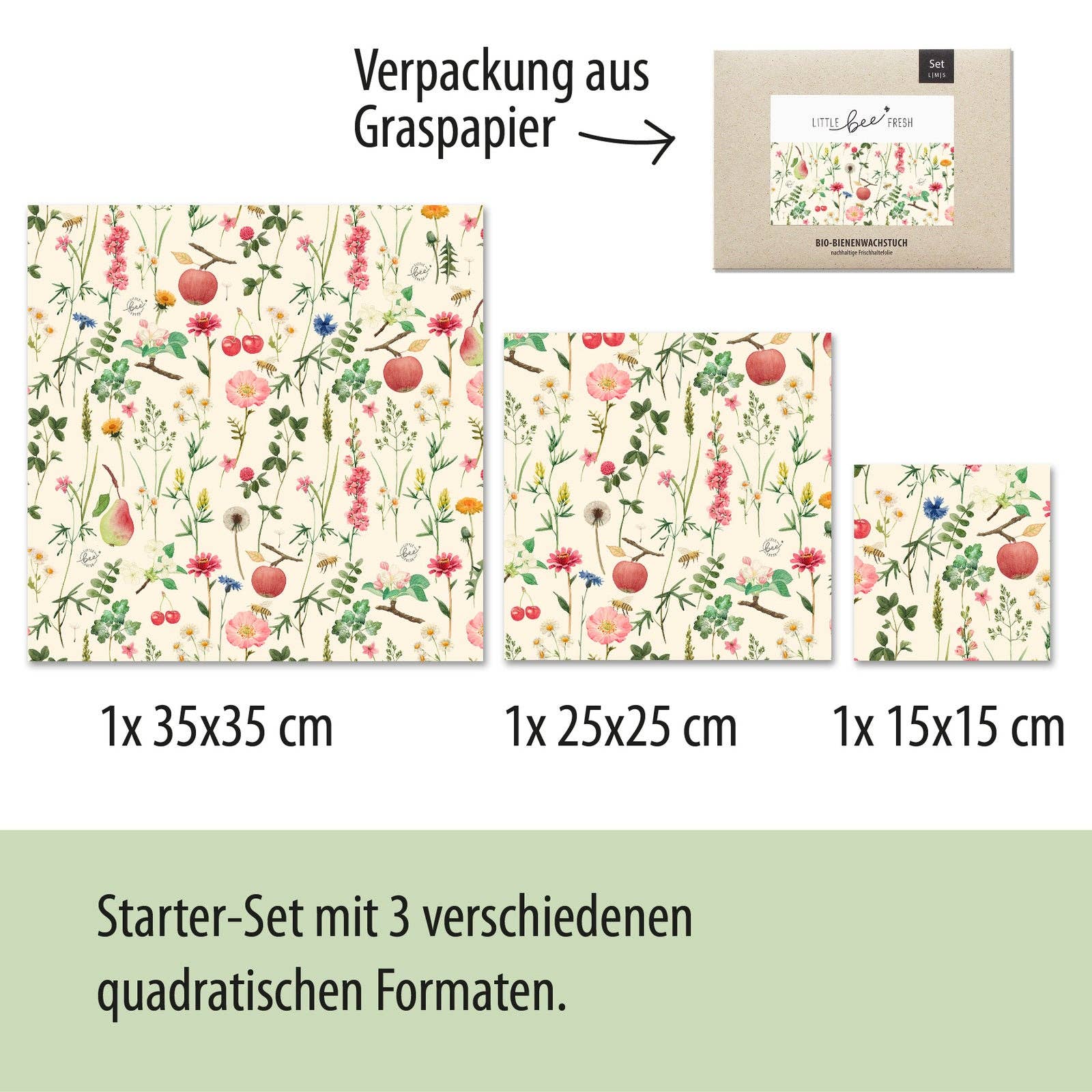 Set inicial de envoltorios de cera de abeja ecológicos ("L/M/S") - pradera de árboles frutales