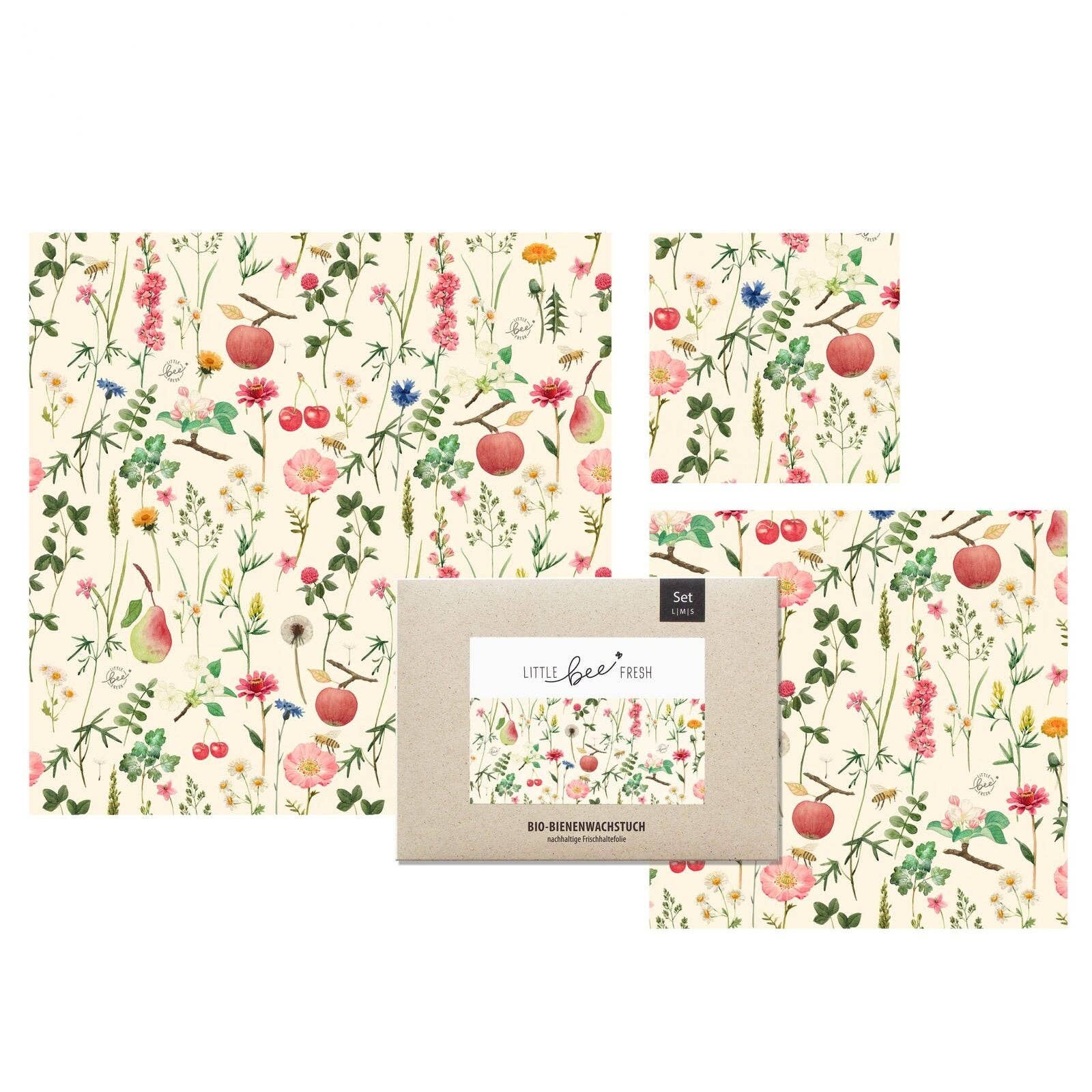 Set inicial de envoltorios de cera de abeja ecológicos ("L/M/S") - pradera de árboles frutales