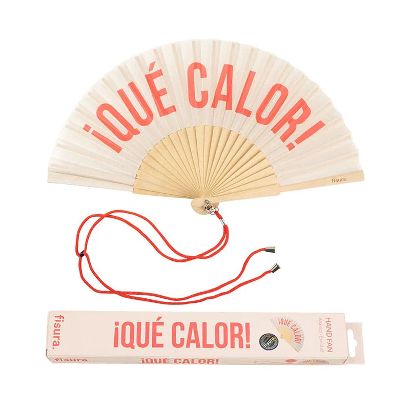 Abanico “Qué calor” – Beige con rojo 🌡️🔥