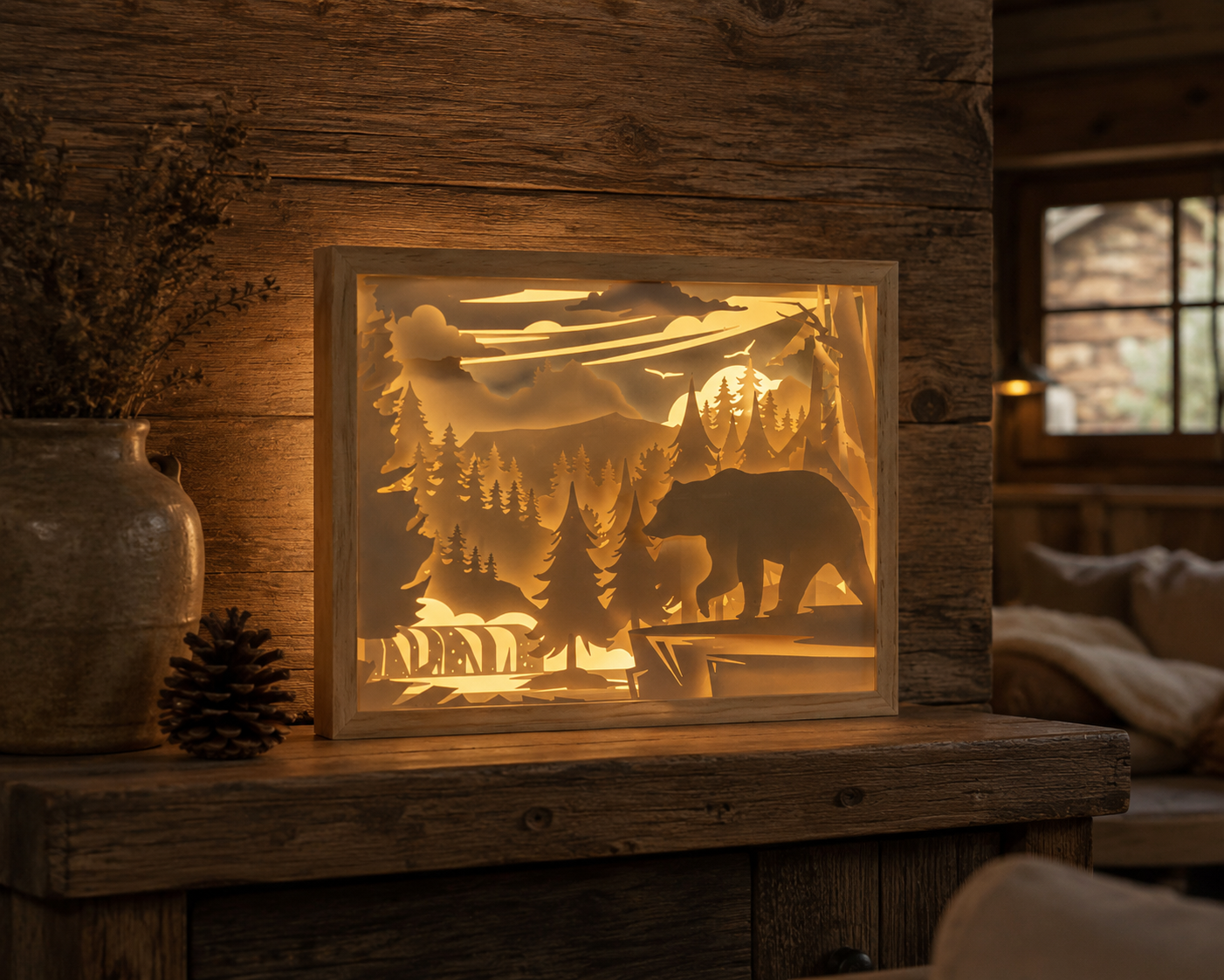 Lámpara Decorativa Madera – Bosque con Oso 🐻🌲