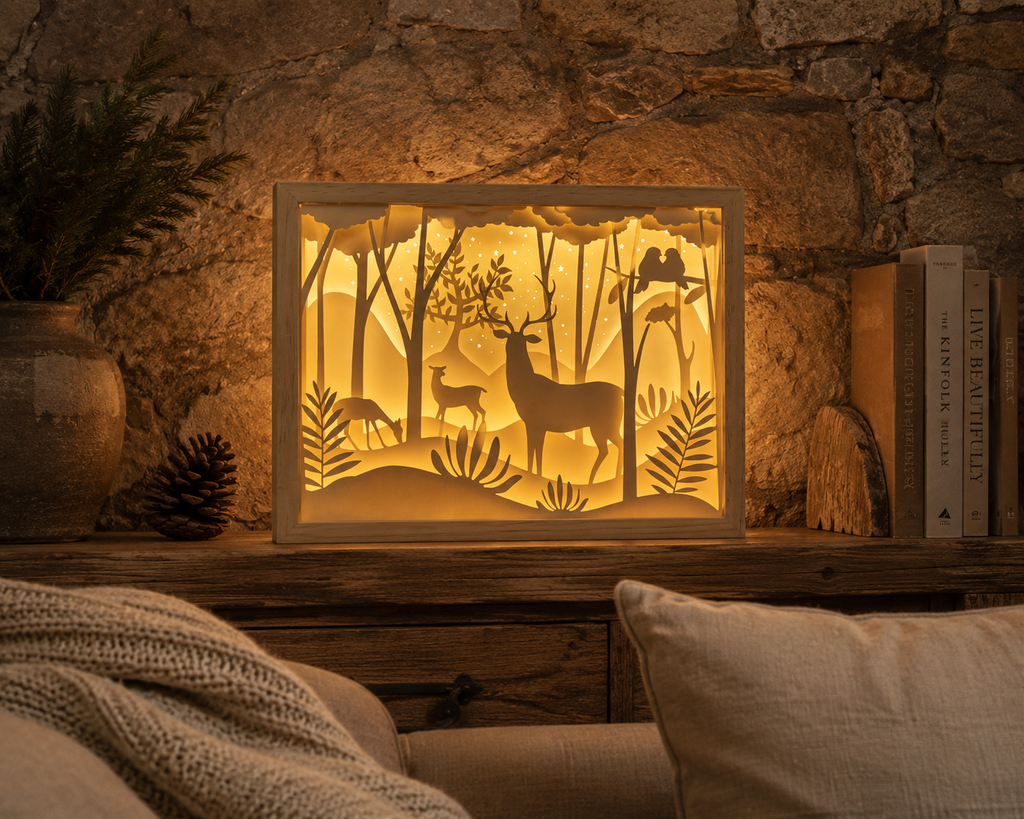 Lámpara Decorativa Madera – Bosque y Ciervos 🦌🌲