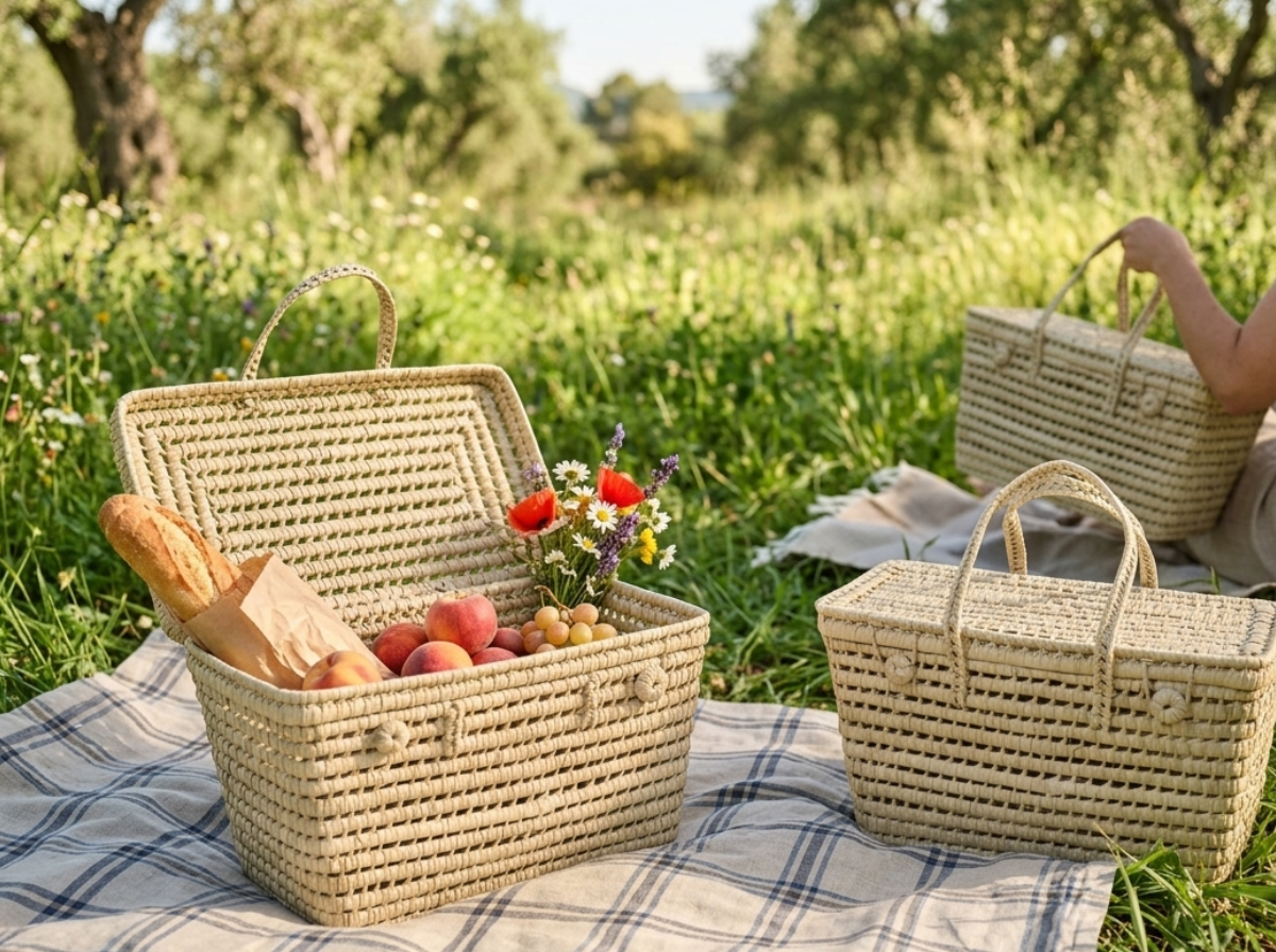Cesta de Palma Artesanal con Tapa y Asas La Vendimiadora 🌾🧺