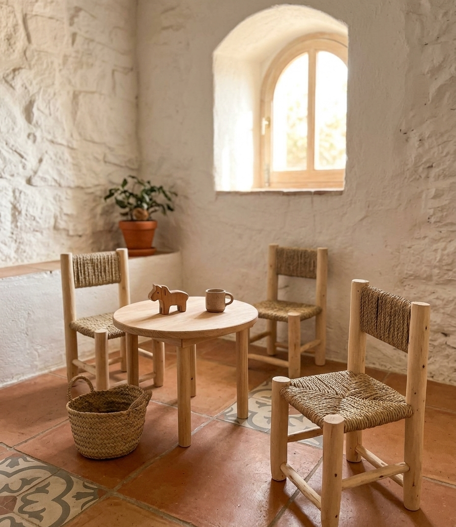 Silla infantil artesanal – Madera de laurel y palma 🌿🪑 Pequeña