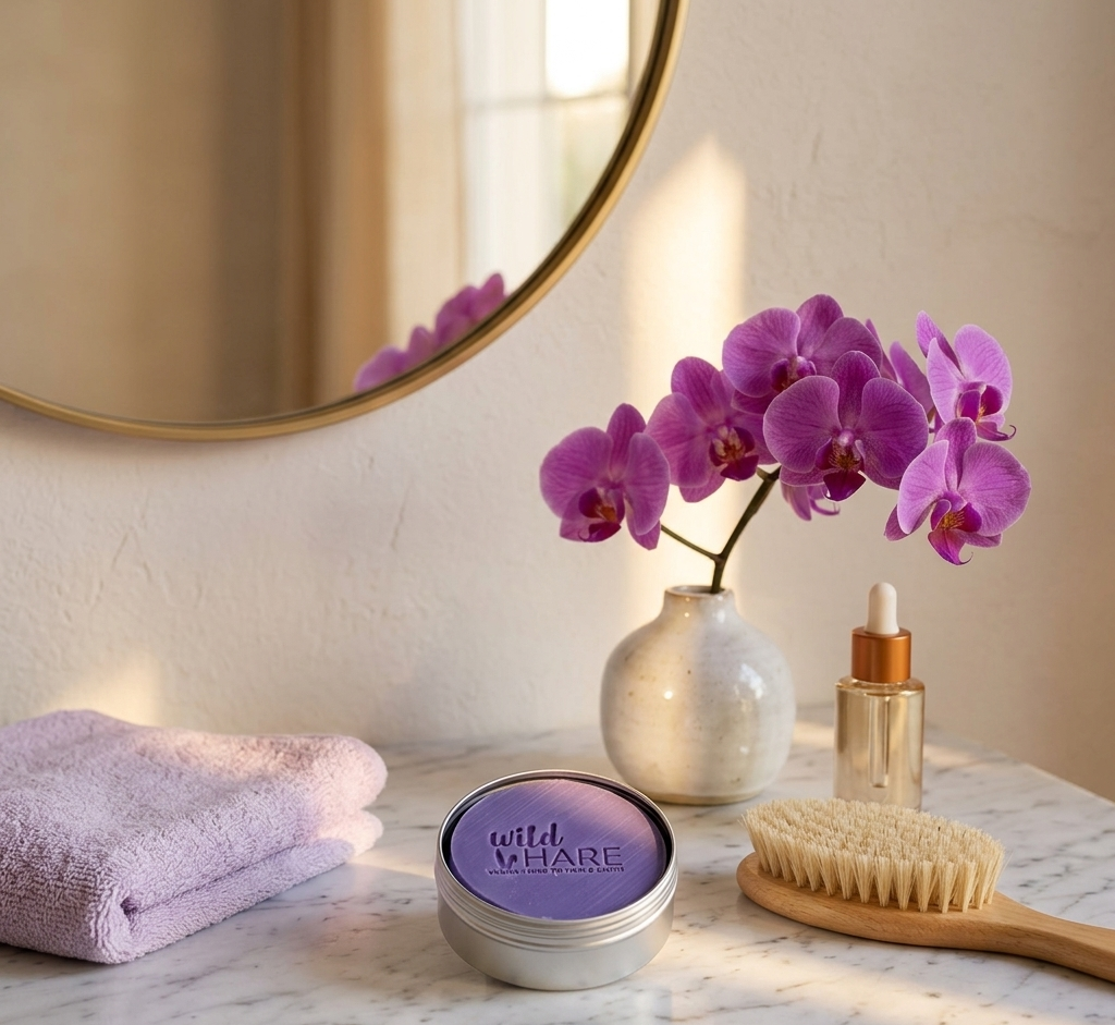 Champú Sólido Wild Hare – Orquídea · Reparar y Crecer  60 g