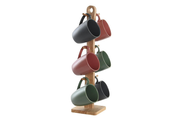 Set de 6 mugs de gres con base Rubberwood