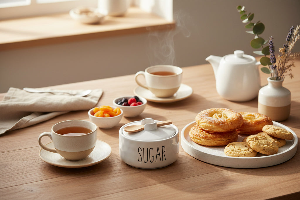 Azucarero de Porcelana con Tapa de Bambú y Cuchara 🤍