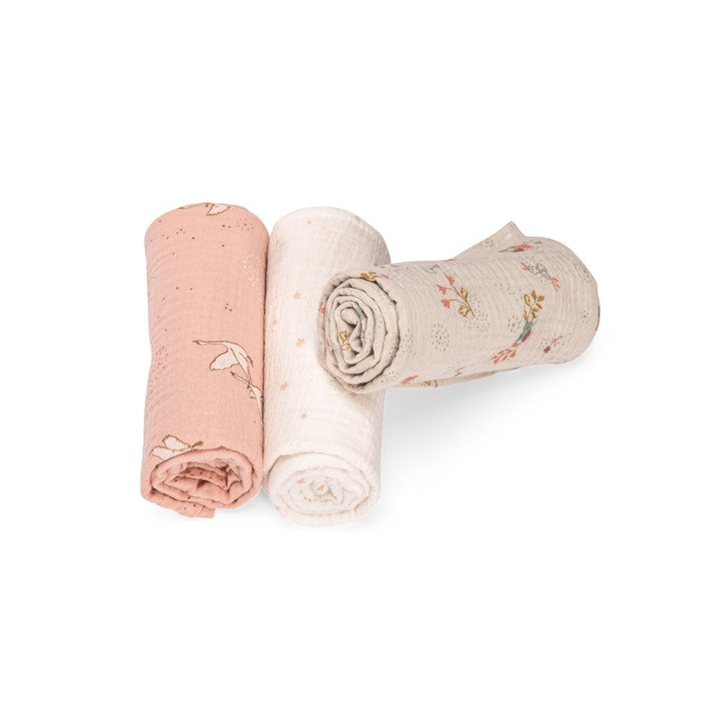 Juego de 3 muselinas estampadas (rosa/crema/flores) PED