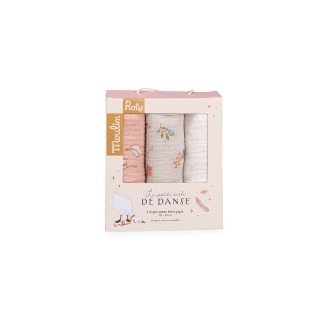 Juego de 3 muselinas estampadas (rosa/crema/flores) PED