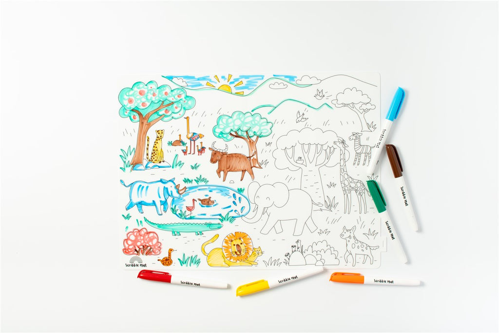 Scribble “De Safari” – Tapete de Silicona + 6 Rotuladores 🦁🌿✨