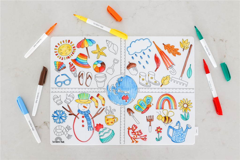 Scribble “Las Estaciones” – Tapete de Silicona + 6 Rotuladores 🍁❄️🌸☀️✨