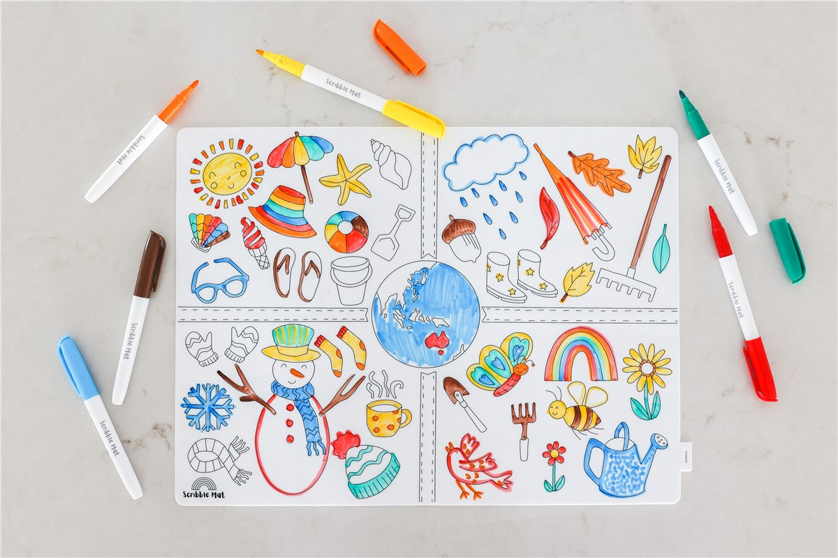 Scribble “Las Estaciones” – Tapete de Silicona + 6 Rotuladores 🍁❄️🌸☀️✨